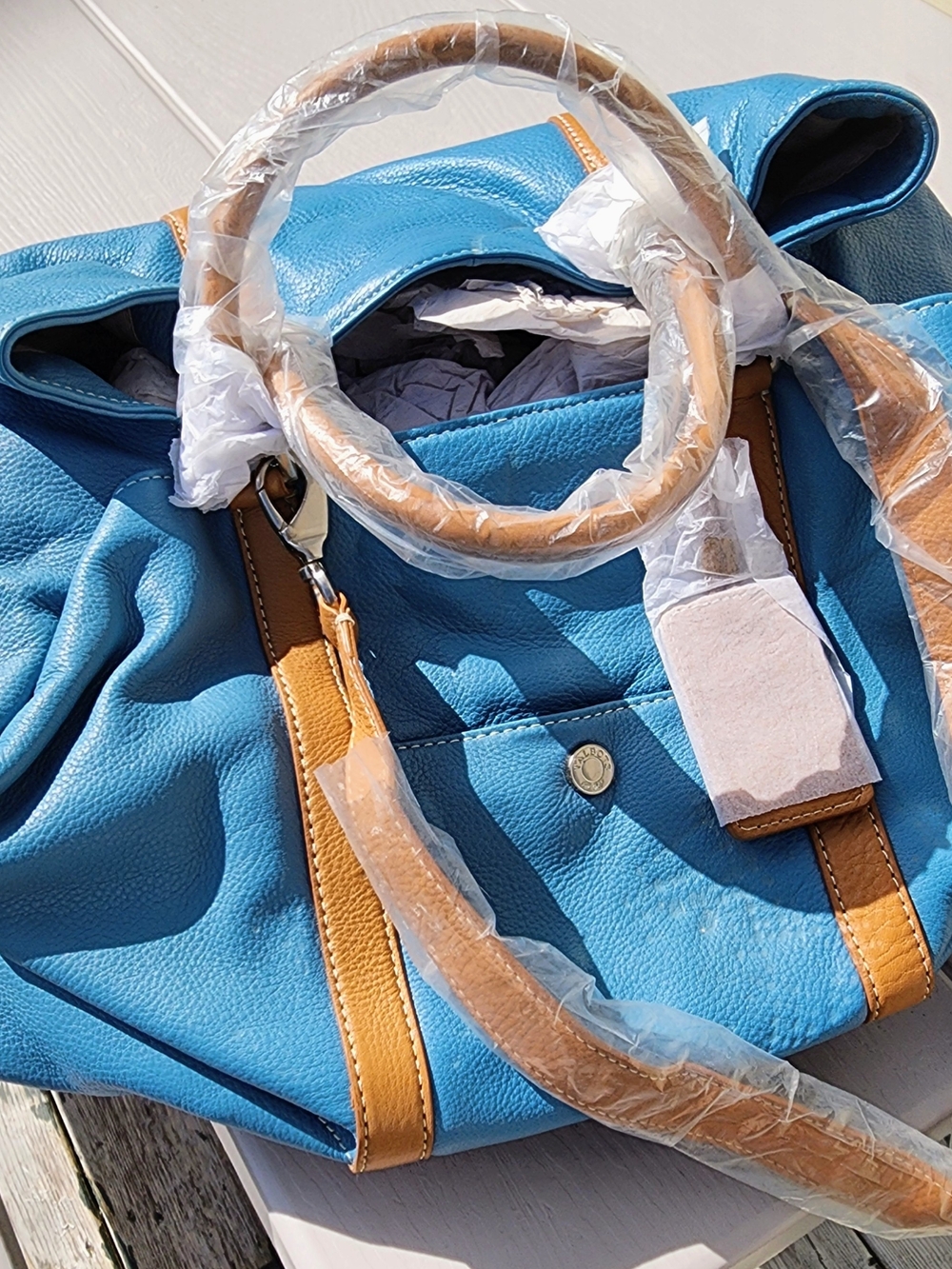 Talbots Blue Satchel with Tan Trim and Handles
